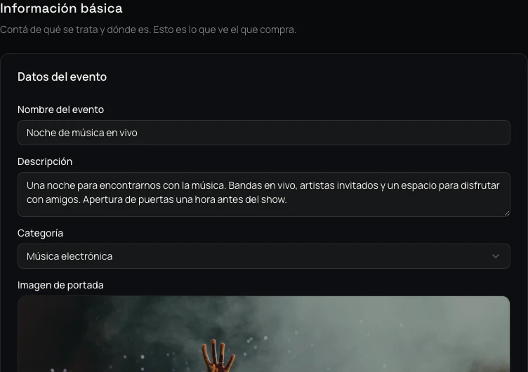 Formulario de Vorta Hub con el nombre, descripción, categoría y portada del evento Noche de música en vivo.
