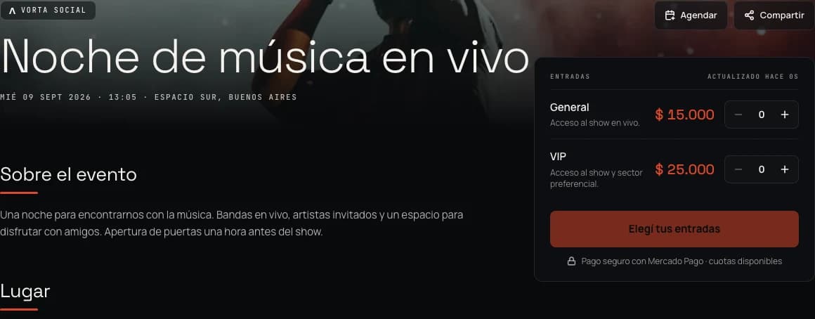 Página de venta de Noche de música en vivo, con la portada, fecha, lugar y selección de entradas.