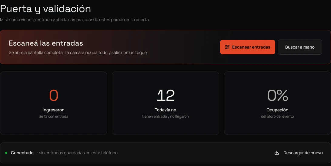 Pantalla Puerta y validación de Vorta Hub, con el botón para escanear y los contadores de ingresos.